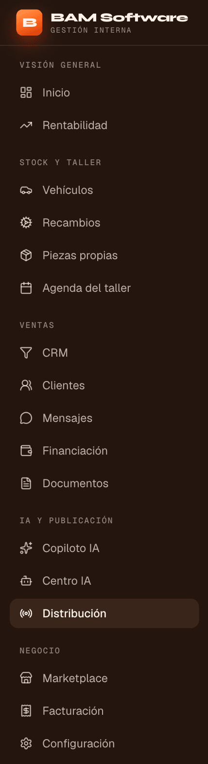 Secciones reales del panel de BAM Software: stock, recambios, taller, CRM, IA y publicación, facturación